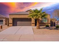 Tan house with a brown garage door and palm tree in the front yard at 41838 W Chatham Pl, Maricopa, AZ 85138