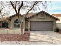 Tan one-story house with a brown garage door and a tree in the front yard at 10240 N 65Th Ln, Glendale, AZ 85302