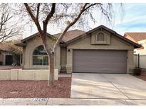 Tan one-story stucco home with attached garage and mature tree in front at 10240 N 65Th Ln, Glendale, AZ 85302