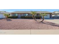 Single story home with desert landscaping and a two-car garage at 9821 W Cedar Dr, Sun City, AZ 85351