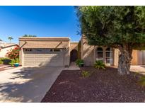 Tan stucco house with a two-car garage and mature landscaping at 26437 S Sedona Dr, Sun Lakes, AZ 85248