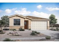 One-story home with tan exterior, brown door, and two-car garage at 23015 E Starflower Dr, Queen Creek, AZ 85142