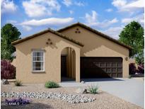 Tan house with brown garage door and desert landscaping at 13151 E Verbina Ln, Florence, AZ 85132