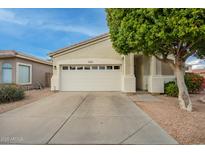 Single-story house with a two-car garage and landscaping at 9862 E Flower Ave, Mesa, AZ 85208