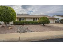 Single-story home with landscaped front yard, driveway, and neutral color scheme at 10027 W Concord Ave, Sun City, AZ 85351