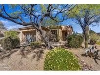 Single-story home with desert landscaping and mature trees at 6970 E Hibiscus Way, Scottsdale, AZ 85266