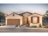 One-story home with Spanish-style architecture, brown garage door, and red shutters at 7659 W Cactus Wren Way, Florence, AZ 85132