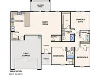 Main level floor plan showcasing a 2-bay garage, kitchen, great room, and owner's suite with WIC at 10018 W Mendell Cir, Arizona City, AZ 85123