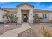 Inviting front entrance with a walkway and mature palm trees at 1040 N 113Th Pl, Mesa, AZ 85207