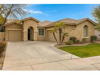 Tan two-car garage home with lush green landscaping at 141 W Roadrunner Dr, Chandler, AZ 85286