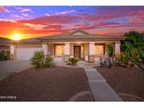 Beautiful desert landscaping accents this single-story home's exterior at 42276 W Chisholm Dr, Maricopa, AZ 85138