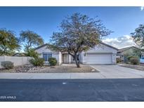 Single-story home with a two-car garage and nicely landscaped front yard at 14905 W Dovestar Dr, Surprise, AZ 85374