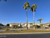 A beautiful single-story home with a well-manicured front yard and mature palm trees at 2916 E Arrowhead Trl, Gilbert, AZ 85297