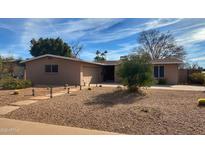 Charming single-story home featuring a low-maintenance desert-style front yard with rock landscaping and native plants at 1603 E Campus Dr, Tempe, AZ 85282