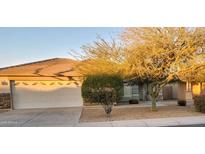Charming single-story home featuring a well-manicured front yard and a two-car garage at 16410 W Monte Cristo Ave, Surprise, AZ 85388