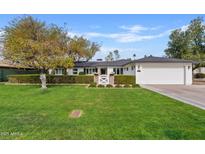 Charming single-Gathering home featuring a manicured lawn, mature trees, and a white brick gate at 3922 E Elm St, Phoenix, AZ 85018