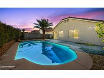 Backyard pool with palm tree is lit up as the sun sets at 13230 W Acapulco Ln, Surprise, AZ 85379