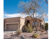 Tan home featuring a two-car garage, desert landscaping, and a decorative tree in the front yard under a partially cloudy blue sky at 5705 S Pinnacle Ln, Gold Canyon, AZ 85118