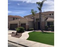 Charming home exterior featuring a well-manicured lawn, stone accents, and mature palm trees at 9765 E Lompoc Ave, Mesa, AZ 85209