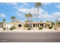 Charming single-story home with desert landscaping and tall palm trees at 5420 E Acoma Dr, Scottsdale, AZ 85254