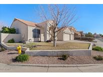 Charming home features a low-maintenance yard, tile roof, and a two-car garage at 9826 E Irwin Cir, Mesa, AZ 85209