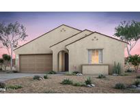 Charming single-story home showcasing a desert-landscaped front yard, a covered entryway, and a two-car garage at 42850 W Palo Abeto Dr, Maricopa, AZ 85138