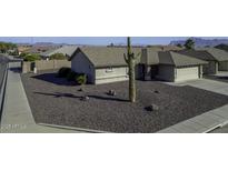 Charming single-story home with a desert landscape, mature cactus, and neutral color palette at 11408 E Natal Ave, Mesa, AZ 85209