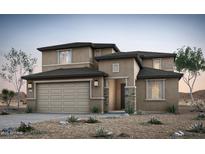 Two-story stucco home with a desert landscape, stone accents, and a spacious two-car garage at 42860 W Palo Abeto Dr, Maricopa, AZ 85138