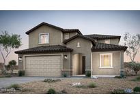 Two-story home showcasing a neutral stucco exterior, tiled roof, two-car garage, and desert landscaping at 42970 W Palo Abeto Dr, Maricopa, AZ 85138