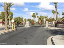 Gated community entrance featuring stone columns, holiday wreaths, and mature palm trees at 7515 S 28Th Ter, Phoenix, AZ 85042