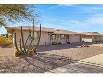 Charming single-story home featuring desert landscaping, a front porch, and a two-car garage at 9817 W Loma Blanca Dr, Sun City, AZ 85351