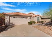 Charming single-story home featuring a two-car garage, landscaped front yard, and a beautiful red tile roof at 9214 E Diamond Dr, Sun Lakes, AZ 85248