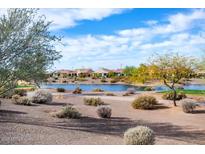 Beautiful community lake view with lush desert landscaping and a row of homes in the background at 21500 N 262Nd Ln, Buckeye, AZ 85396