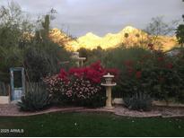 Serene backyard featuring lush desert landscaping, colorful flowers, and striking mountain views at 7841 N 18Th St, Phoenix, AZ 85020