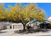 A picturesque single-story home is accentuated by a large shade tree and a well-manicured lawn at 6016 W Gambit Trl, Phoenix, AZ 85083