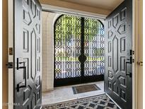 Arched front gate seen from the interior, accent rug, and tiled floor at 7121 E Mcdonald Dr, Paradise Valley, AZ 85253