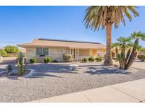 Charming single story home featuring desert landscaping, a stone facade, and solar panels at 19613 N Signal Butte Cir, Sun City, AZ 85373