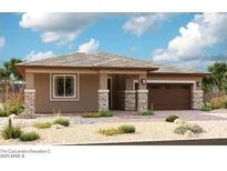 A single-story home with tan siding and stone accents provides a warm, inviting curb appeal at 21952 E Saddle E Ct, Queen Creek, AZ 85142