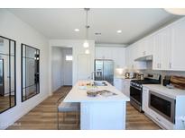 Bright kitchen features an island, stainless steel appliances, and modern white cabinetry at 2180 N Iowa St, Chandler, AZ 85225