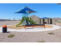 Community playground with vibrant play structure, benches, picnic shelter and mountain views at 4812 W Hunter Trl, San Tan Valley, AZ 85144