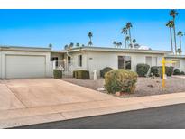 Charming home featuring a well-maintained yard, and a driveway leading to an attached garage at 9751 W Royal Ridge Dr, Sun City, AZ 85351