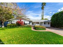 Charming single-story home boasts lush green lawn and beautiful landscaping at 3511 N Miller Rd, Scottsdale, AZ 85251