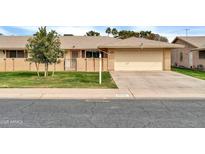 Charming single-story brick home with well-manicured lawn and attached two-car garage at 10646 W Tropicana Cir, Sun City, AZ 85351