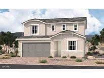 Charming two-story home showcasing neutral stucco, a gray garage door, and professionally landscaped front yard at 11631 W Beck Ave, Youngtown, AZ 85363