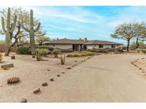 Inviting single-story home featuring desert landscaping, mature trees, and a charming stone pathway at 5911 E Peak View E Rd, Cave Creek, AZ 85331