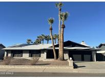 Charming single-story brick home featuring mature palm trees and a well-maintained front yard at 402 E Muriel Dr, Phoenix, AZ 85022