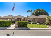 Beautiful single-story home with a well-manicured lawn, mature trees, and an American flag at 4503 E Elmwood St, Mesa, AZ 85205