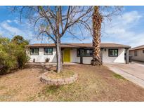 Charming single-story home with a yellow front door, mature trees, and a well-maintained yard at 7458 E Clovis Cir, Mesa, AZ 85208