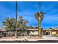 Charming single-story home with desert landscaping, blue skies, and two large palm trees at 7548 E Minnezona Ave, Scottsdale, AZ 85251