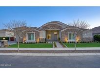 Beautiful single-story home featuring a stone facade, well-manicured lawn, and inviting entrance at 20061 E Cherrywood Ct, Queen Creek, AZ 85142